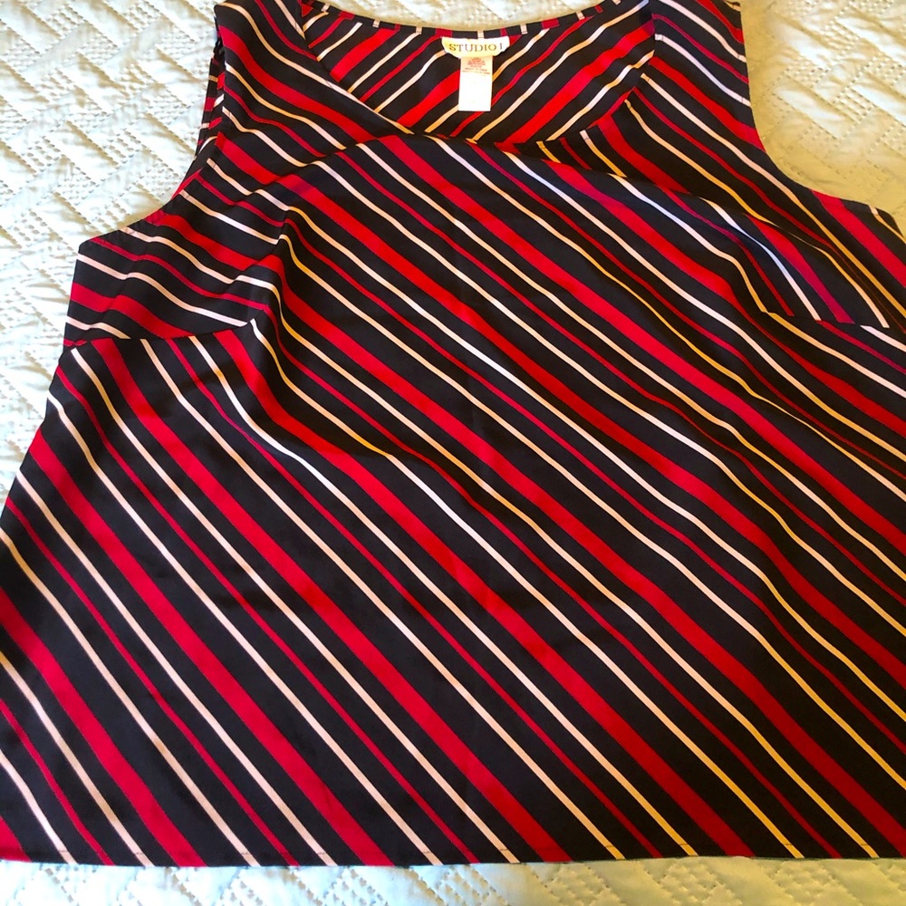 Red and black striped sleeveless blouse